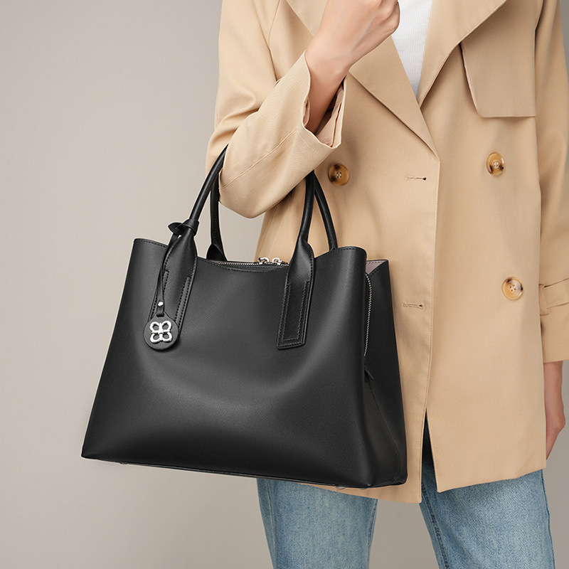Structured Handbag Top Handle - Women Black Genuine Leather Structured Tote
