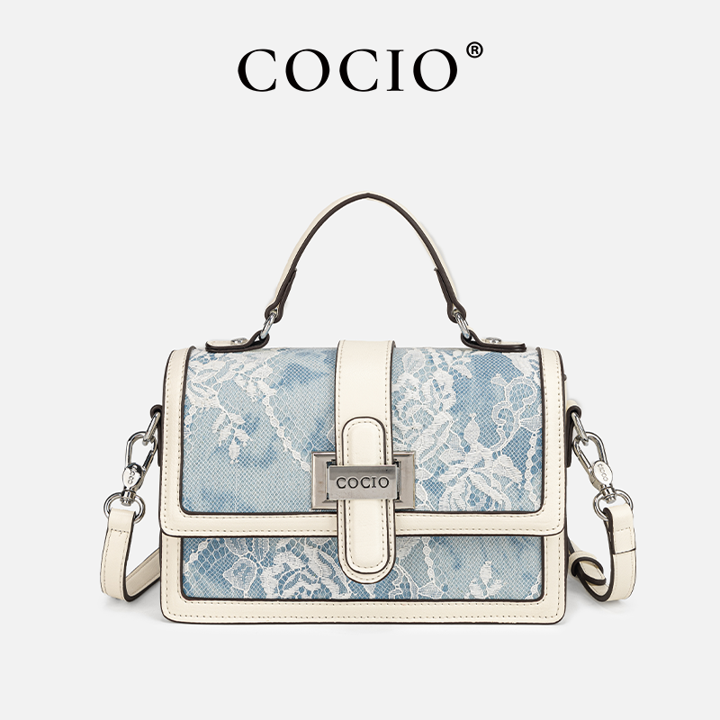 Structured Handbag Top Handle - Women Blue Snake Print Lace Pattern