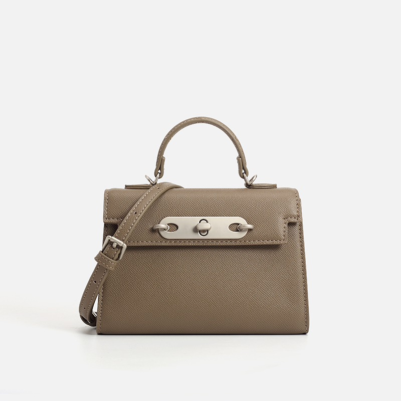 Structured Handbag Top Handle - Women Taupe Saffiano Leather Top Handle