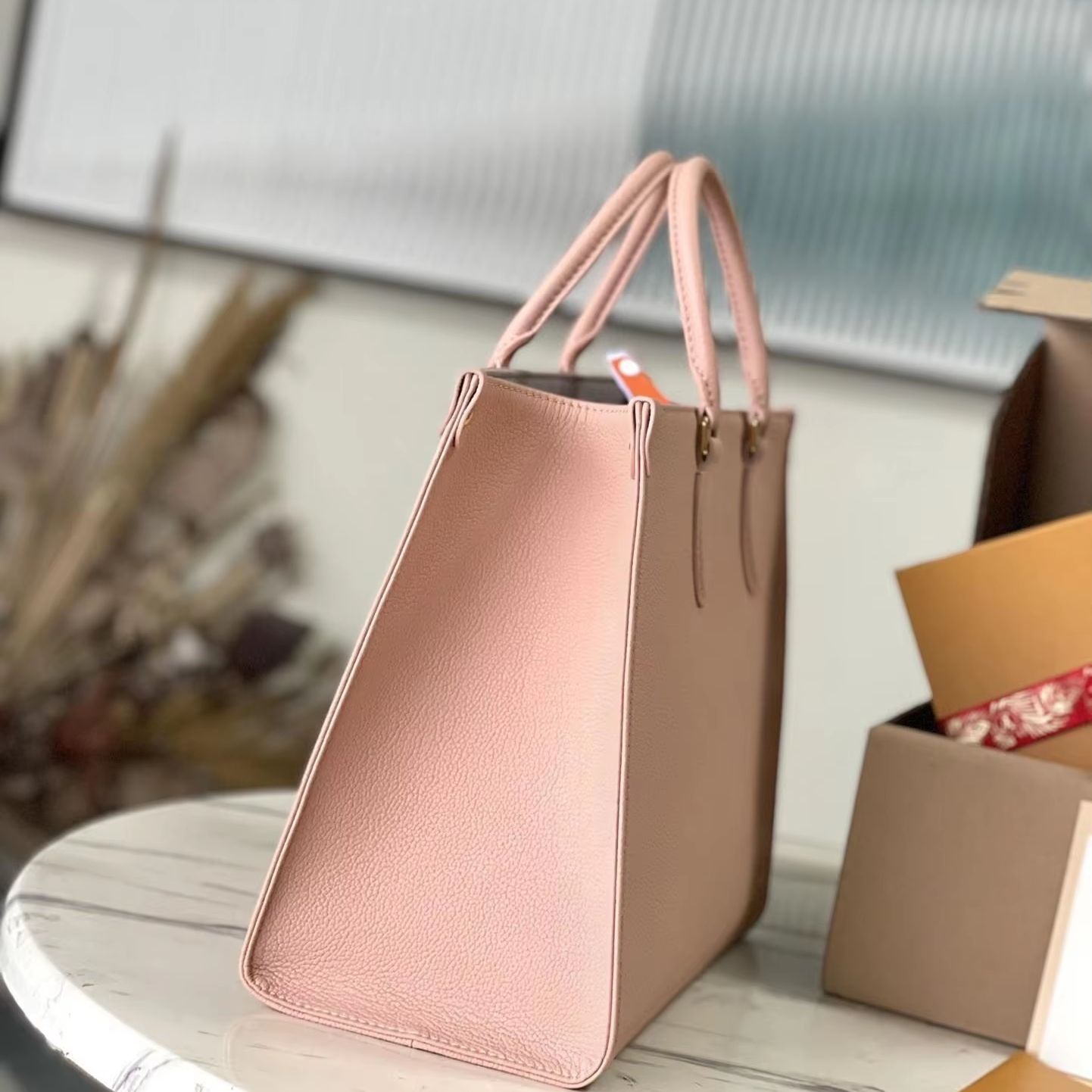 Structured Handbag Top Handle - Light Pink Pebbled Leather Structured Vertical