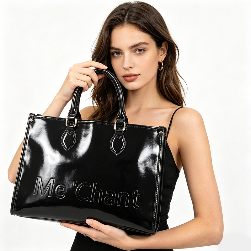 Women Black Glossy Patent PU L – обзор и цена Structured Handbag Top Handle
